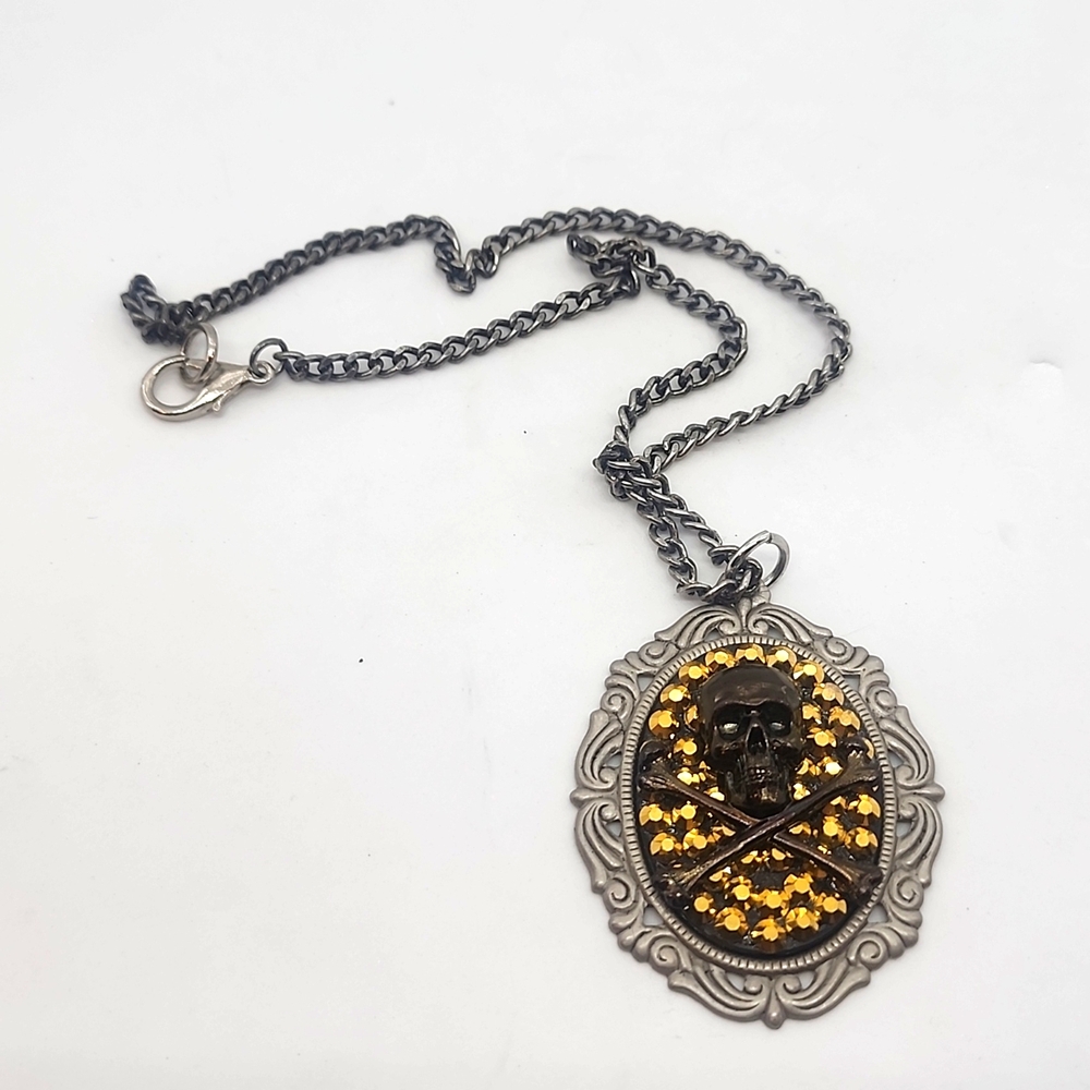 RHINESTONE SKULL BONES NECKLACE gold blk silver #2